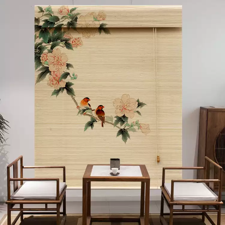 定制印花竹帘卷帘中式隔断茶室客厅意境背景墙画阳台遮阳遮光门帘