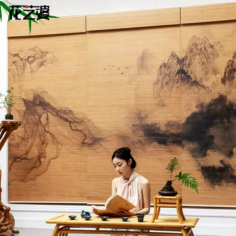竹帘卷帘印花日式遮阳遮光禅意背景装饰遮挡隔断门帘茶室升降窗帘