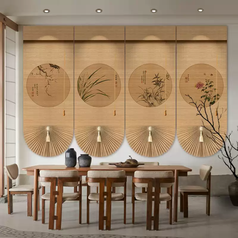 竹帘卷帘酒店茶室客厅禅意新中式装饰扇形罗马帘背景屏风隔断挂帘